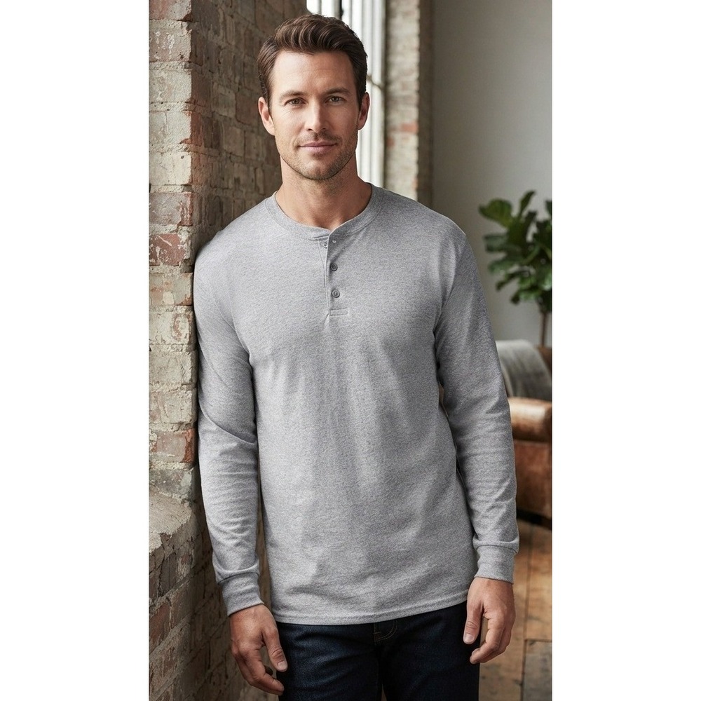 Hanes Beefy-T Henley Long Sleeve Shirt Mens 2XL Gray Cotton Casual Raglan Sleeve